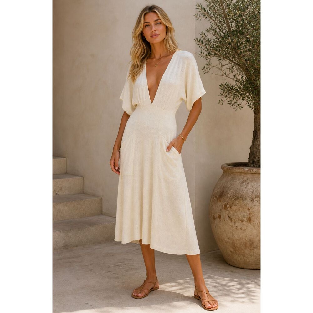 Reformation Linen Blend Texture Plunge Neckline Knit Midi Dress Ivory XS Stretch